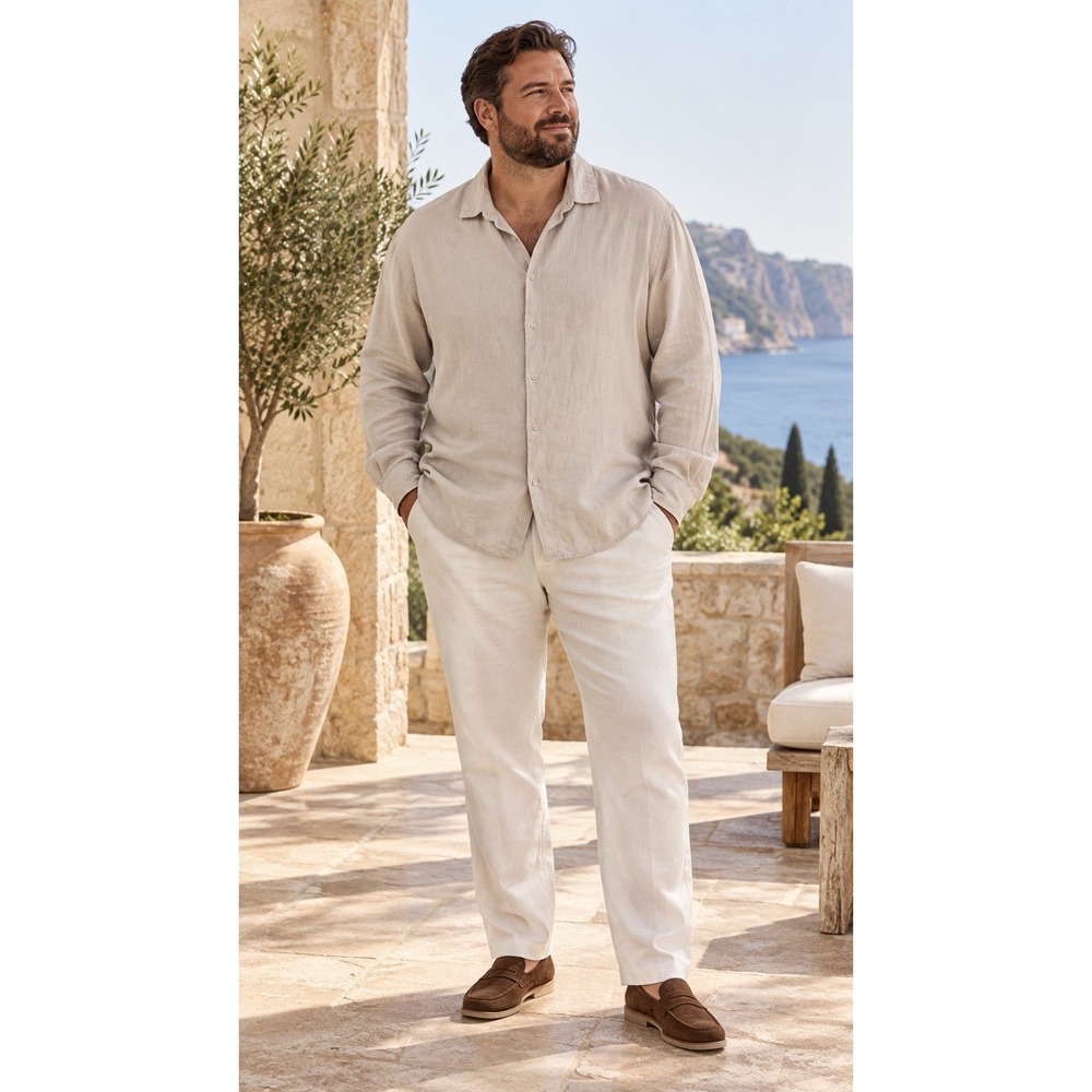 Ike Behar Luxe Travel Men XXL 100% Linen Shirt Beige Long Sleeve Coastal Beach